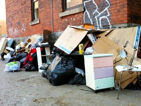 When the school year ends, the mass exodus of departing McGill University students from the McGill ghetto creates a massive mess for permanent residents, as this scene in early May 2013 behind a condo on MIlton St. shows.