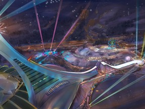 Artist's rendition of the "Big Air" ski event atop the Olympic Stadium in Montreal.