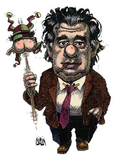 The jester: Richler was the first-ever Canadian writer who had a full-time job writing satire, pointing out our warts and faults, subsequently establishing the fact that Canadians are actually an interesting collection of people. This cartoon was commissioned in 1989 as a cover for The Best of Modern Humour, which was edited by Mordecai Richler.
