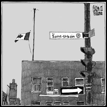 Richler's 2001 death was an important enough event that it warranted not one but three appearances on the editorial page of The Gazette. First, on the day that he died, I drew this Canadian flag flying at half-mast on St-Urbain St.