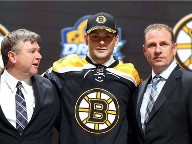 Jakub Zboril poses after being selected 13th overall by the Boston Bruins in the first round of the 2015 NHL Draft on June 26, 2015 in Sunrise, Florida.