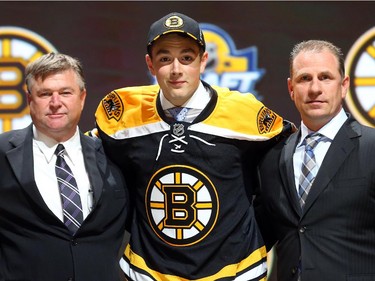 Zach Senyshyn poses after being selected 15th overall by the Boston Bruins in the first round of the 2015 NHL Draft on June 26, 2015 in Sunrise, Florida.