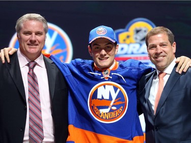 Mathew Barzal poses after being selected 16th overall by the New York Islanders in the first round of the 2015 NHL Draft on June 26, 2015 in Sunrise, Florida.