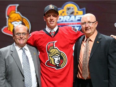 Thomas Chabot poses after being selected 18th overall by the Ottawa Senators in the first round of the 2015 NHL Draft on June 26, 2015 in Sunrise, Florida.