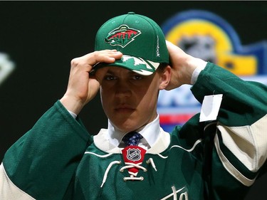 Joel Eriksson Ek poses after being selected 20th overall by the Minnesota Wild in the first round of the 2015 NHL Draft on June 26, 2015 in Sunrise, Florida.