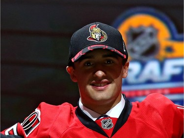 Colin White poses after being selected 21th overall by the Ottawa Senators in the first round of the 2015 NHL Draft on June 26, 2015 in Sunrise, Florida.