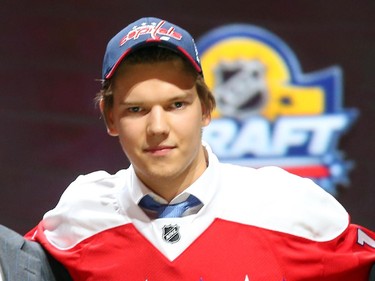 Ilya Samsonov poses after being selected 22th overall by of the Washington Capitals in the first round of the 2015 NHL Draft on June 26, 2015 in Sunrise, Florida.