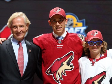 Dylan Strome poses after being selected third overall by the Arizona Coyotes in the first round of the 2015 NHL Draft on June 26, 2015 in Sunrise, Florida.