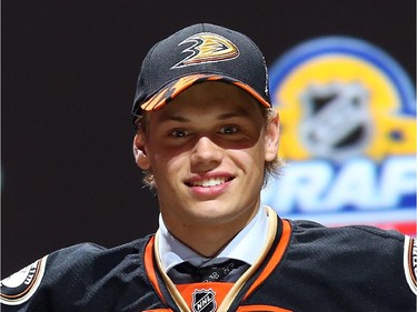 Jacob Larsson poses after being selected 27th overall by the Anaheim Ducks in the first round of the 2015 NHL Draft on June 26, 2015 in Sunrise, Florida.