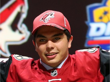 Nicholas Merkley poses after being selected 30th overall by the Arizona Coyotes in the first round of the 2015 NHL Draft on June 26, 2015 in Sunrise, Florida.