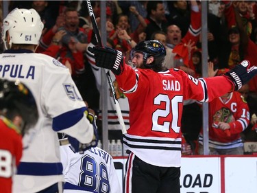 Brandon Saad #20 of the Chicago Blackhawks celebrates after scoring a goal in the third period against Andrei Vasilevskiy #88 of the Tampa Bay Lightning during Game Four of the 2015 NHL Stanley Cup Final at the United Center on June 10, 2015 in Chicago, Illinois.