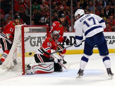 Alex Killorn #17 of the Tampa Bay Lightning scores a goal in the second period against the Chicago Blackhawks during Game Four of the 2015 NHL Stanley Cup Final at the United Center on June 10, 2015 in Chicago, Illinois.