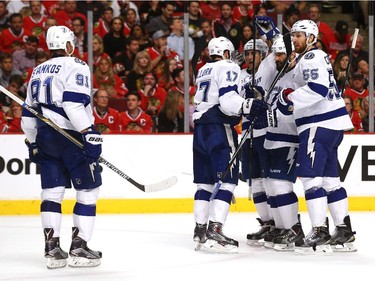 Alex Killorn #17 of the Tampa Bay Lightning celebrates his second period goal with teammates against the Chicago Blackhawks during Game Four of the 2015 NHL Stanley Cup Final at the United Center on June 10, 2015 in Chicago, Illinois.