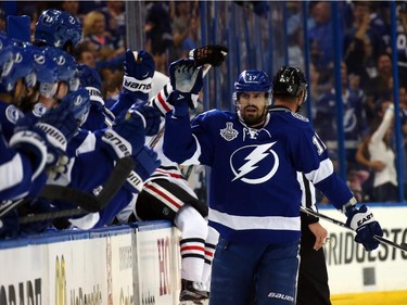Alex Killorn ( #17) of the Tampa Bay Lightning celebrates his first period goal against the Chicago Blackhawks during Game One of the 2015 NHL Stanley Cup Final at Amalie Arena on June 3, 2015 in Tampa, Florida.