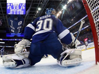 Ben Bishop #30 of the Tampa Bay Lightning tends goal against the Chicago Blackhawks in the second period during Game One of the 2015 NHL Stanley Cup Final at Amalie Arena on June 3, 2015 in Tampa, Florida.
