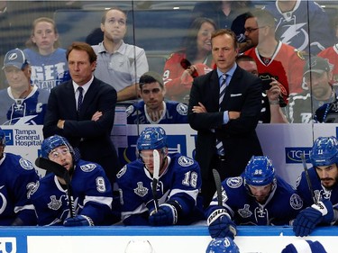Jon Cooper of the Tampa Bay Lightning looks on against the Chicago Blackhawks during Game One of the 2015 NHL Stanley Cup Final at Amalie Arena on June 3, 2015 in Tampa, Florida.