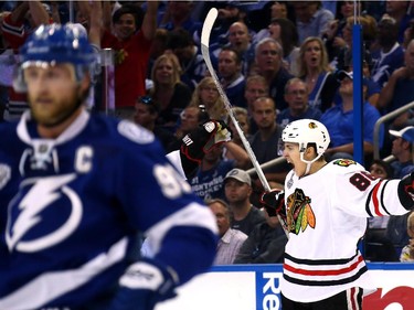 Teuvo Teravainen #86 of the Chicago Blackhawks celebrates his third period goal against the Tampa Bay Lightning during Game One of the 2015 NHL Stanley Cup Final at Amalie Arena on June 3, 2015 in Tampa, Florida.
