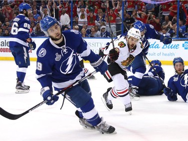 Antoine Vermette #80 of the Chicago Blackhawks celebrates his third period goal against the Tampa Bay Lightning during Game One of the 2015 NHL Stanley Cup Final at Amalie Arena on June 3, 2015 in Tampa, Florida.