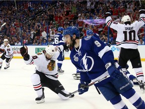 Antoine Vermette #80 of the Chicago Blackhawks celebrates his third period goal against the Tampa Bay Lightning during Game One of the 2015 NHL Stanley Cup Final at Amalie Arena on June 3, 2015 in Tampa, Florida.