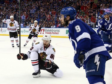 Antoine Vermette of the Chicago Blackhawks celebrates his third- period goal against the Lightning during Game 1 of the Stanley Cup Final at Amalie Arena in Tampa, Fla., on June 3, 2015.
