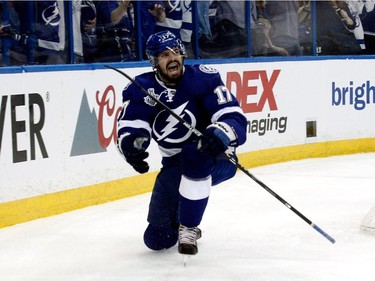 Alex Killorn (#17) of the Tampa Bay Lightning celebrates his first period goal against the Chicago Blackhawks during Game One of the 2015 NHL Stanley Cup Final at Amalie Arena on June 3, 2015 in Tampa, Florida.