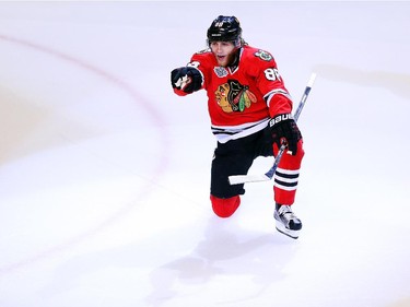 Patrick Kane #88 of the Chicago Blackhawks celebrates after scoring a goal in the third period against the Tampa Bay Lightning during Game Six of the 2015 NHL Stanley Cup Final at the United Center  on June 15, 2015 in Chicago, Illinois.