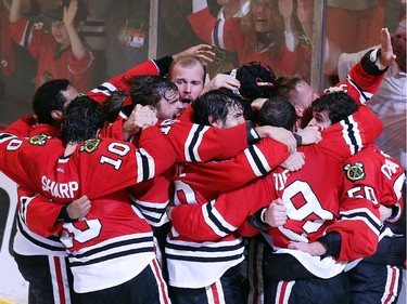 The Chicago Blackhawks celebrate after defeating the Tampa Bay Lightning  by a score of 2-0 in Game Six to win the 2015 NHL Stanley Cup Final at the United Center  on June 15, 2015 in Chicago, Illinois.