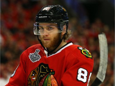 Patrick Kane #88 of the Chicago Blackhawks looks on against the Tampa Bay Lightning during Game Six of the 2015 NHL Stanley Cup Final at the United Center  on June 15, 2015 in Chicago, Illinois.