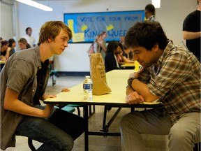 Actor Thomas Mann and Director Alfonso Gomez-Rejon on set of Me and Earl and the Dying Girl.