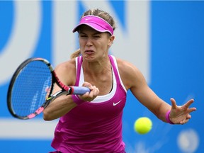 Westmount's Eugenie Bouchard in action against Kristina Mladenovic of France at the Aegon Classic on June 17, 2015 in Birmingham, England.