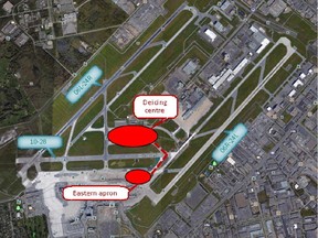 Map of Pierre Elliott Trudeau International Airport shows where work is being done and the affected runways.