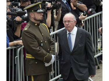 Former Quebec premier Bernard Landry arrives for funeral services for former Quebec premier Jacques Parizeau Tuesday, June 9, 2015 in Montreal.