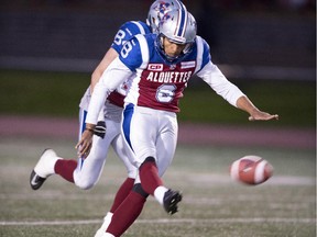 The Alouettes' Boris Bede kicks against the Ottawa Redblacks during CFL exhibition game on June 13, 2015 in Quebec City.