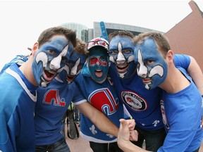 Members of the "Nordiques Nation" converge on Prudential Center before a game between the New Jersey Devils and Boston Bruins on April 10, 2011 in Newark, N.J.