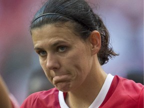 Canada's Christine Sinclair reacts to her teams 2-1 loss to England in the FIFA World Cup quarter-final in Vancouver.