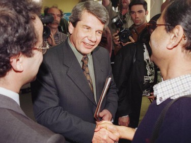 Jean Doré greets supporters during the opening of his party's office on Friday May 22, 1998.