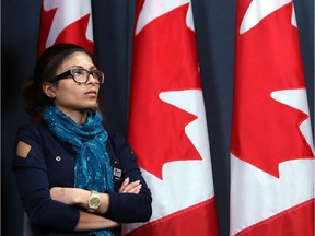 Ensaf Haidar, wife of jailed Saudi blogger Raif Badawi who has been flogged by Saudi authorities, takes part in a news conference in Ottawa Thursday, Jan.29, 2015.