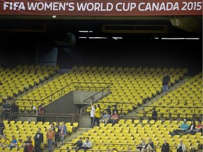 Lots of available seats are shown close to the start of a FIFA Women's World Cup soccer game between Brazil and the Korea Republic at Montreal's Olympic Stadium on June 9, 2015.