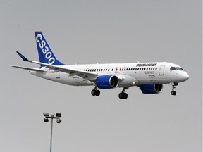 A new Bombardier CS300 performs at Le Bourget airport, near Paris, on June 15, 2015 the 51st International Paris Airshow.