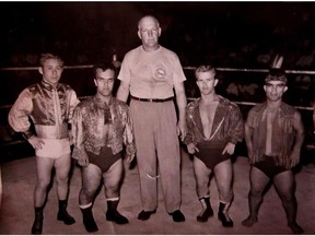 Freddy "The Big Swede" Larsen with wrestlers at the old Montreal Forum in the 1950s. Larsen was a referee during the city's wrestling heyday, when the Forum was as packed for professional wrestling events as it was for hockey games. Photo courtesy of Wayne Larsen