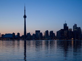 The Toronto skyline in silhouette during Earth Hour, 2008.