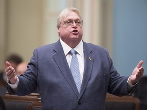 Quebec Health Minister Gaetan Barrette speaks during question period Thursday, June 4, 2015 at the legislature in Quebec City.