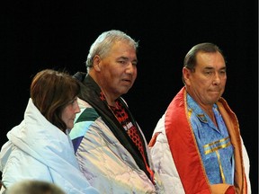 Commissioners Marie Wilson (left), Justice Murray Sinclair (middle), also the Chair of the TRC, and Chief Wilton Littlechild, lead the Covenant Dance, during a welcoming ceremony to commemorate the appointment of the new Commissioners for the Indian Residential Schools Truth and Reconciliation Commission (TRC), held at the  Canadian Museum of Civilization, in Gatineau, QC., on July 16, 2009.