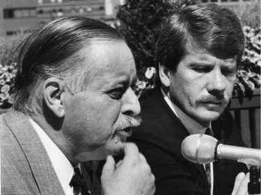 Jacques Parizeau, left, with Montreal Mayor Jean Doré at a press conference at Montreal city hall on Aug. 18, 1989.