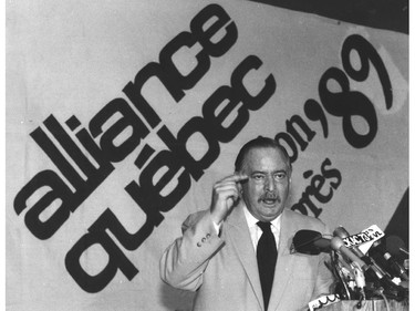 Jacques Parizeau would have his own free-trade deal.  Jacques Parizeau at Alliance Quebec Convention September 24, 1989.