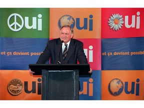 Quebec Premier Jacques Parizeau speaks to business people while campaigning for the Yes in Montmagny Tuesday, Oct. 3, 1995. Former Quebec premier Jacques Parizeau has died at the age of 84.