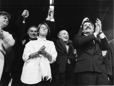 Jean Doré celebrates his election as mayor of Montreal on Nov. 9, 1986.