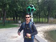 Jean-François Galipeau, a photographer who works for Virtuo360, demonstrates a Google Trekker, a backpack-mounted camera being used to photograph Montreal public spaces, with the resulting panoramic images destined for Google Street View.