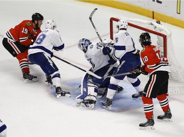 Chicago Blackhawks' Jonathan Toews (19) scores during the second period in Game 4 of the NHL hockey Stanley Cup Final against the Tampa Bay Lightning Wednesday, June 10, 2015, in Chicago.
