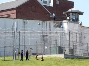 Law enforcement officers with bloodhounds stand guard at one of the entrances to the Clinton Correctional Facility in Dannemora, N.Y. on Saturday, June 6, 2015.